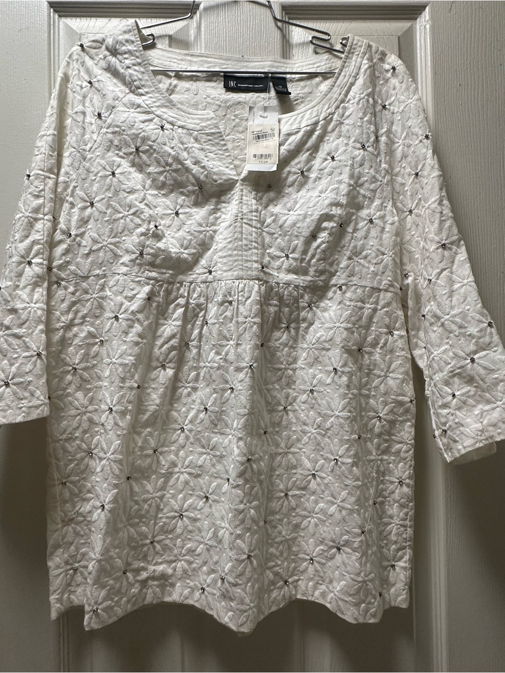 INC International Concepts White Embroidered Floral Split-Neck Tunic